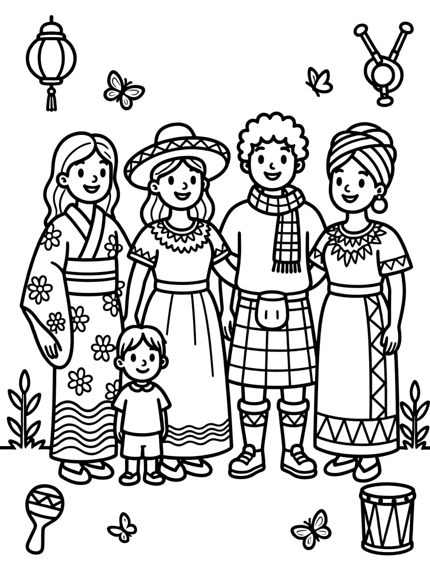 familias diferentes nacionalidades vestidas de acuerdo a su cultura