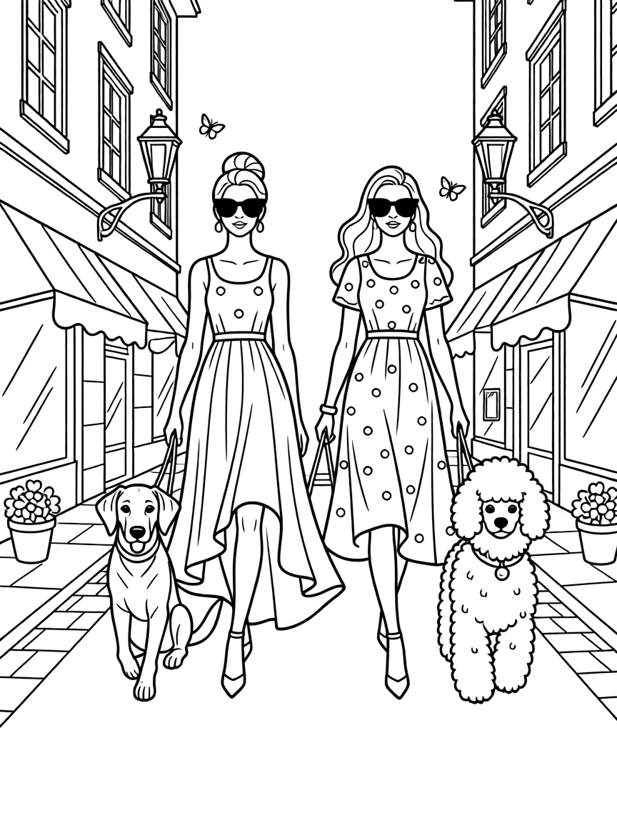 2 dogs- Jasmine-Plott, Poodie the Poodle. glamorous fashion models walking the catwalk on the streets of Milano. sunglasses. like movie stars