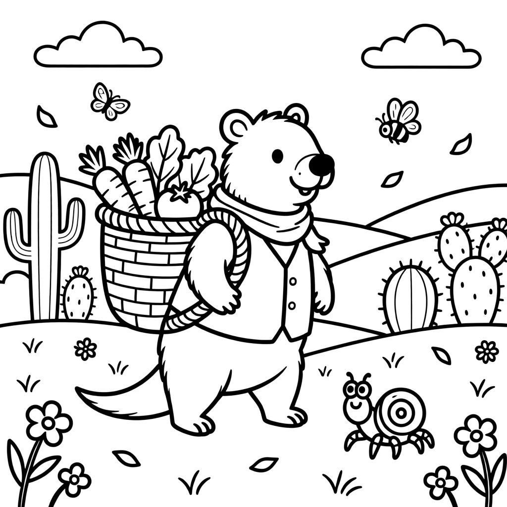 A wombat carrying a basket of vegetables with a hermit crab in a sunny meadow, near a cactus garden, while a gentle breeze scatters flower petals.