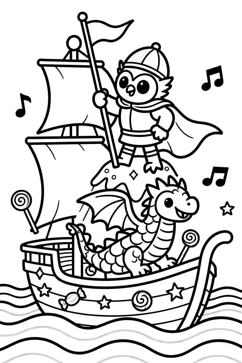Huggable and full of excitement, a dragon-riding knight owl spends the day planting flags on top of a candy mountain summit on a pirate ship sailing through candy-colored waves. Nearby, musical notes floating playfully in the air adds to the fun. It's shaping up to be the happiest day in the whole kingdom.