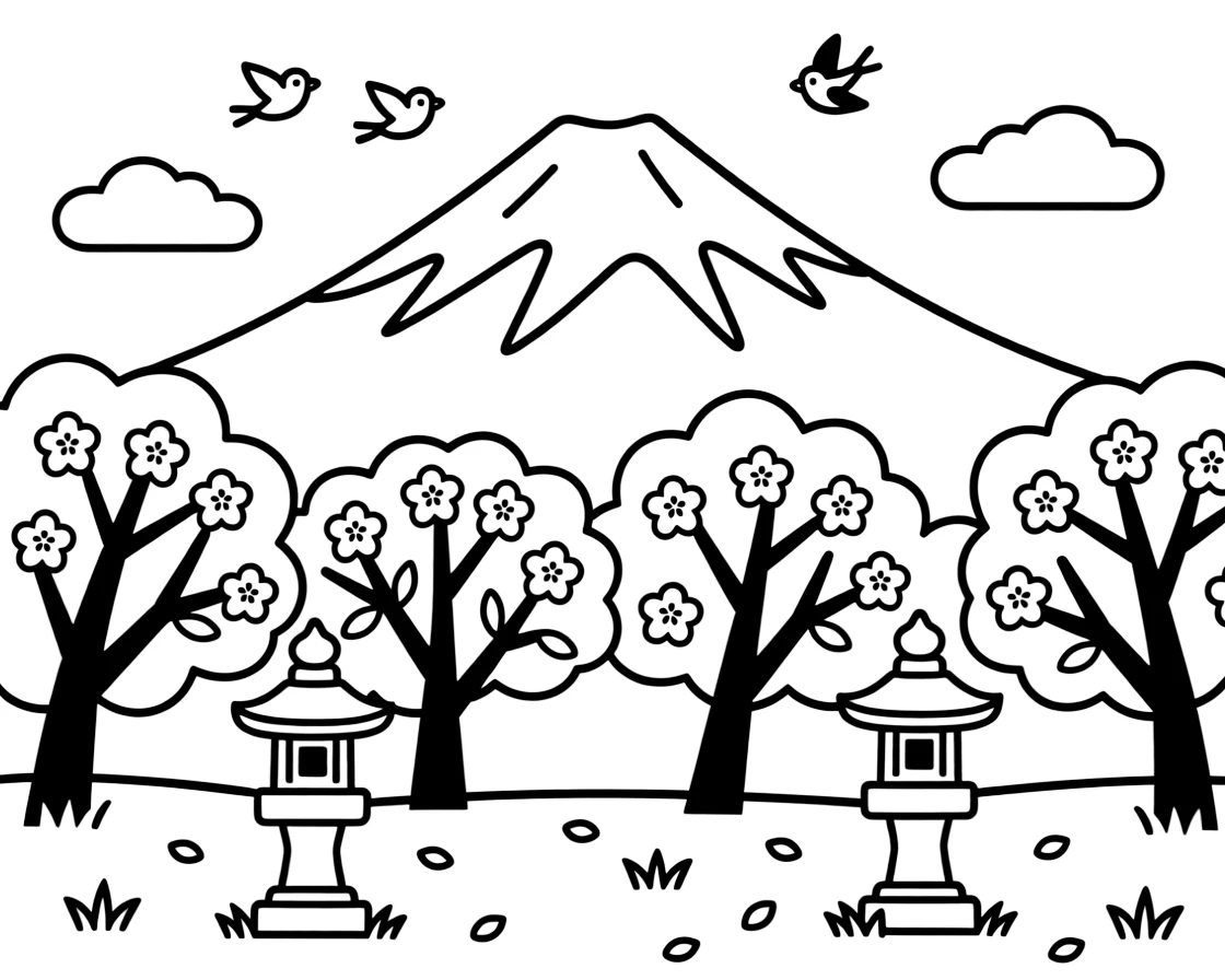 A coloring page celebrating Japan featuring Mount Fuji rising behind a grove of blossoming cherry trees, with a stone lantern in the foreground, with a few small birds in the sky and friendly clouds nearby.