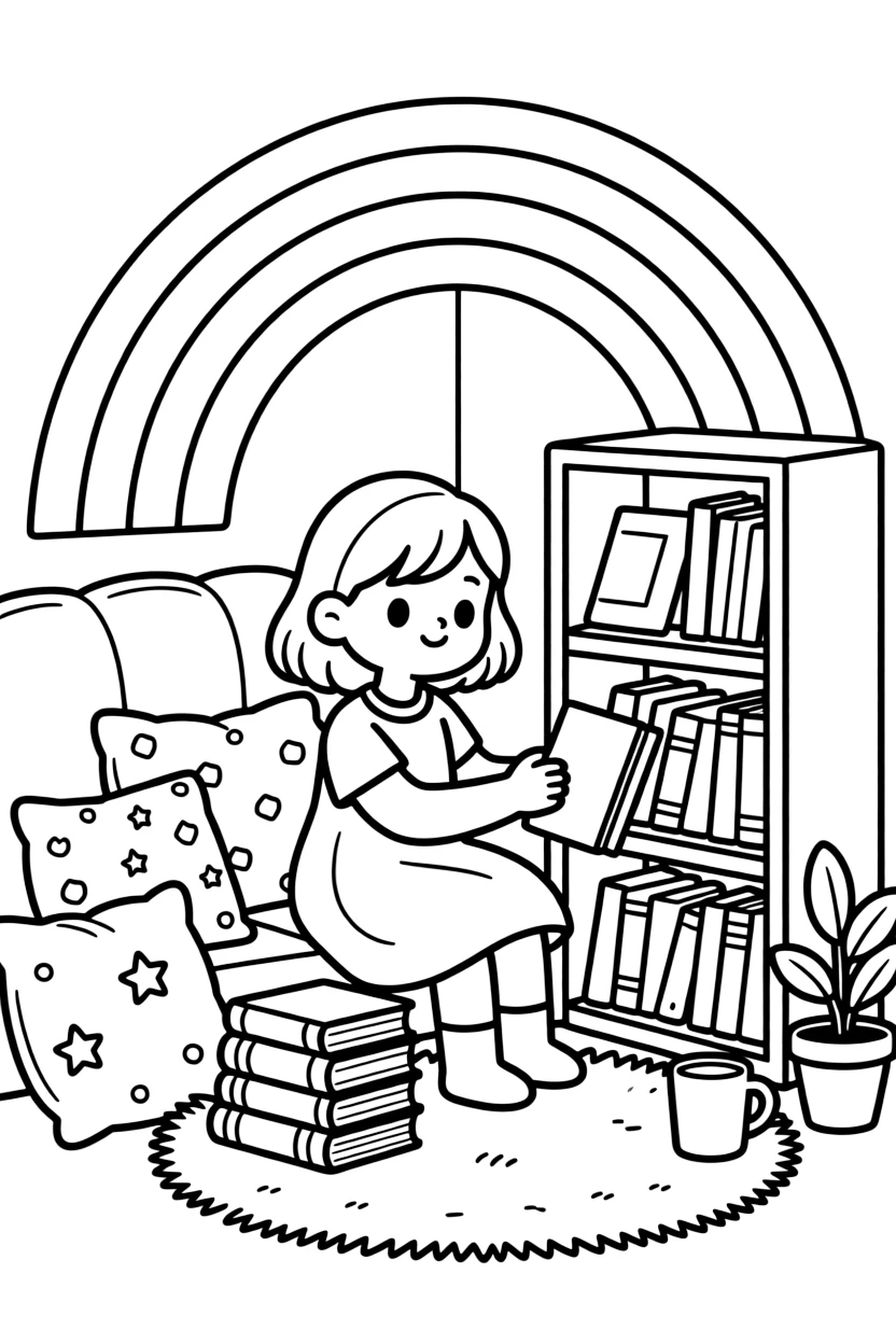a wide-eyed little girl sits in a cozy reading nook filled with pillows and sorts a pile of books by color into a rainbow-shaped bookshelf.