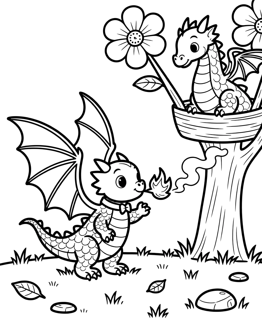 A baby dragon with oversized wings tries to breathe fire for the first time and only manages a puff of smoke, while its proud dragon mother watches from a treetop nest surrounded by giant flowers.