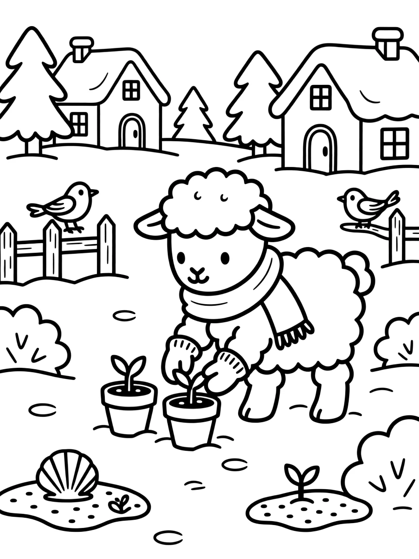 A woolly little lamb is planting seeds carefully in little clay pots in a snow-covered winter village. Nearby, friendly songbirds perched close by and glittering seashells scattered on the sand fill the page with charm.