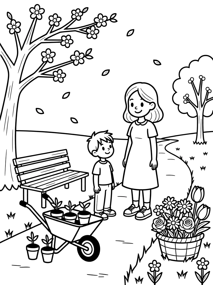 Petals drifting gently onto a park bench along a path lined with blossoming cherry trees, while a big sister and her little brother looks on nearby, a wheelbarrow full of seedlings and a basket overflowing with flowers completing the scene.