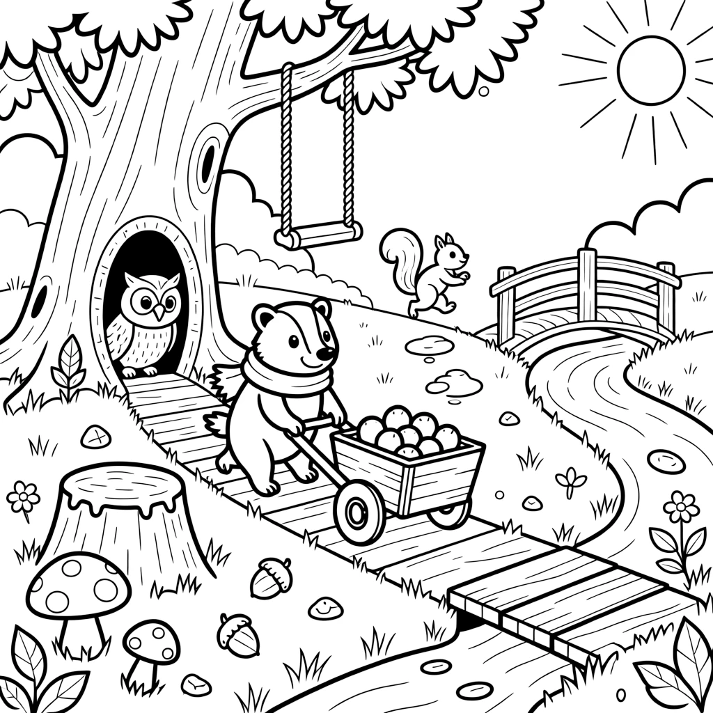 [Enchanted Forest] A friendly badger pulls a small wooden cart loaded with berries down a leafy forest path. Nearby, a wise old owl watches from a hollow tree, while squirrels chase each other around a mossy stump. The path winds past a giant oak tree with a rope swing, colorful toadstools, and a bubbling brook crossed by a small wooden bridge. Sunlight filters through the leaves, and a trail of fallen acorns leads toward a hidden clearing sparkling with morning dew.