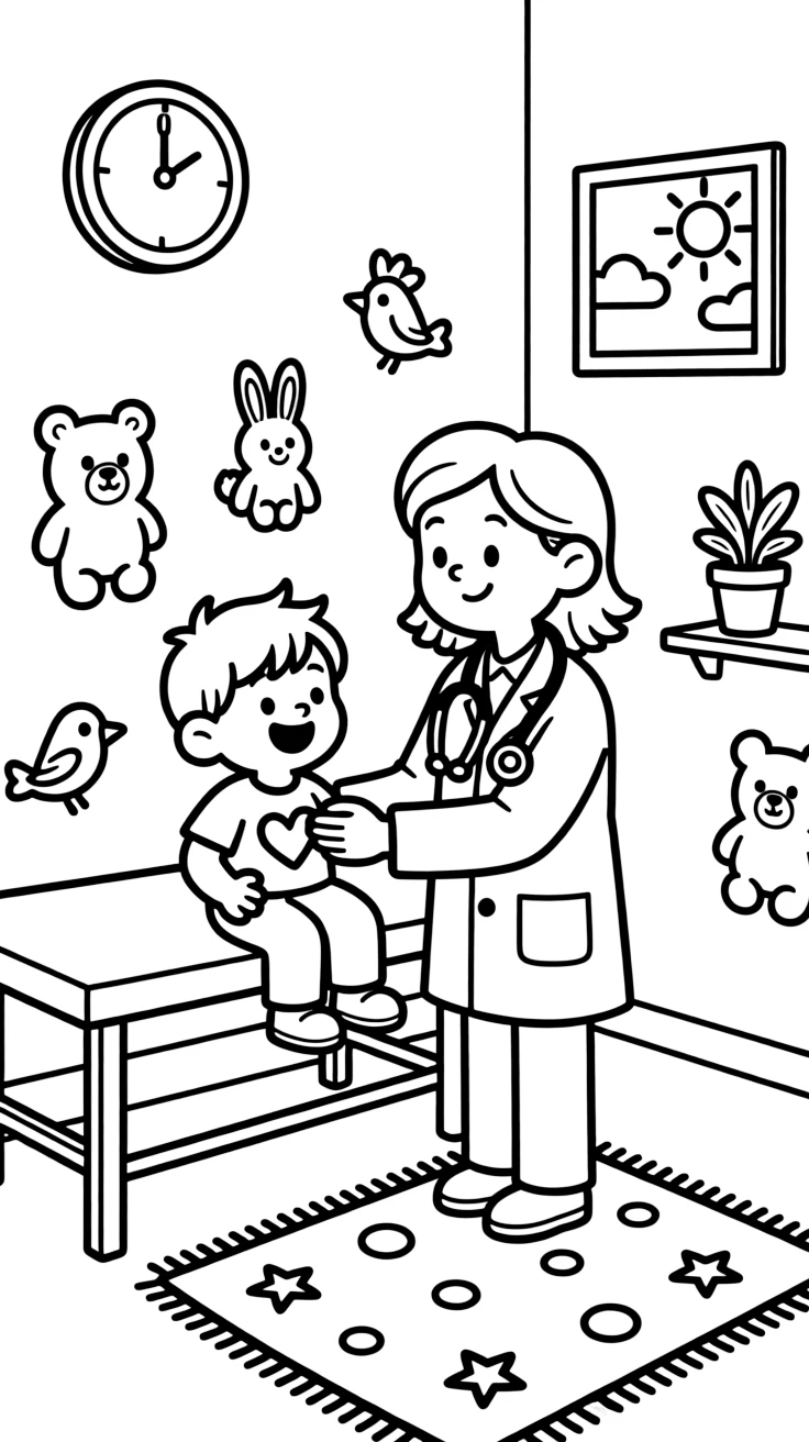 A pediatrician listens to a giggling toddler's heartbeat with a stethoscope in an exam room decorated with animal stickers.