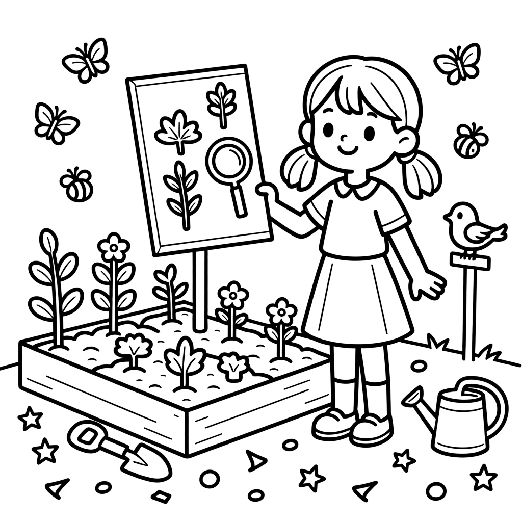 A girl in pigtails showing off a science project at a school garden plot with confetti scattered on the ground.