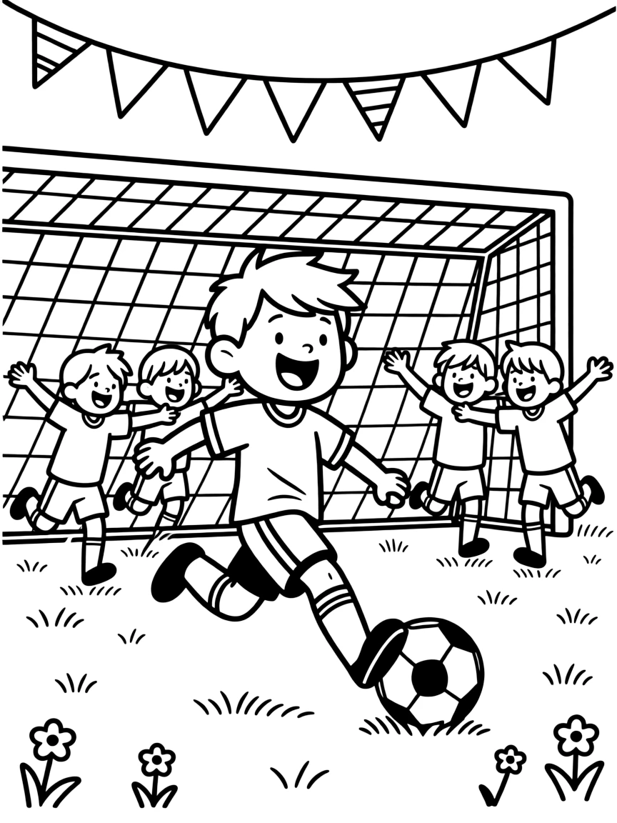 A cheerful young boy, kicking the winning goal in the final seconds of a championship match, teammates racing over for a group hug beside a net draped with fluttering pennant flags.