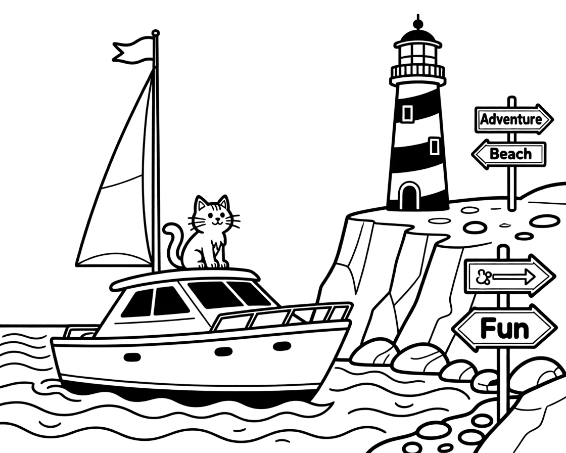 A shiny white yacht with flags fluttering on its mast is shown journeying through a rocky coastline with a striped lighthouse on the cliff, with a curious cat perched on the hood close by and road signs pointing toward fun destinations completing the lively scene.