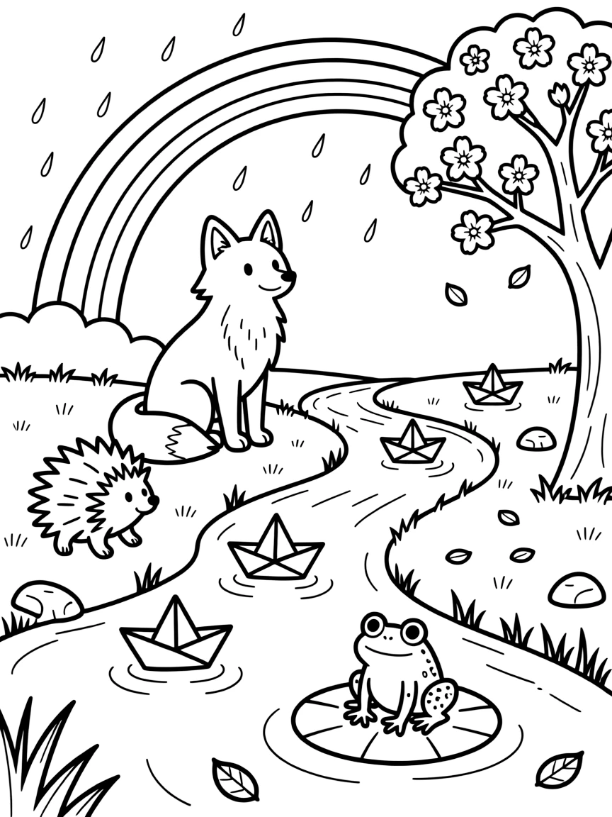 A arctic fox under a rainbow after the rain, floating paper boats down a stream with a porcupine, next to a blooming cherry blossom tree, while a curious frog watches from a lily pad.