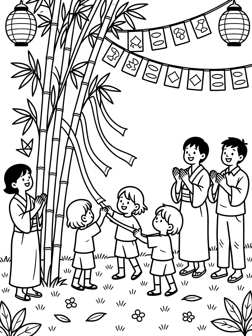A coloring page showing a lively celebration in Japan with the Tanabata star festival, with children tying colorful wish notes to tall bamboo branches strung with paper streamers, while families clap and cheer and colorful banners hang overhead.