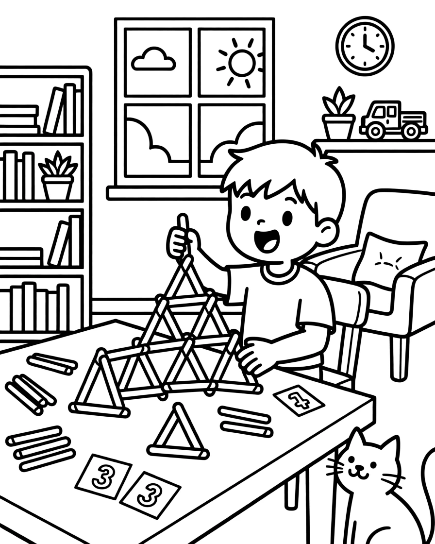 a bright-eyed young boy builds a bridge out of popsicle sticks and counts how many triangles it took.