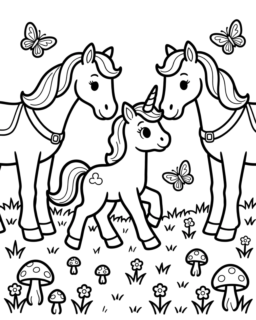 A unicorn foal takes its first wobbly steps across a meadow dotted with mushrooms and butterflies, while two older unicorns nuzzle it encouragingly.