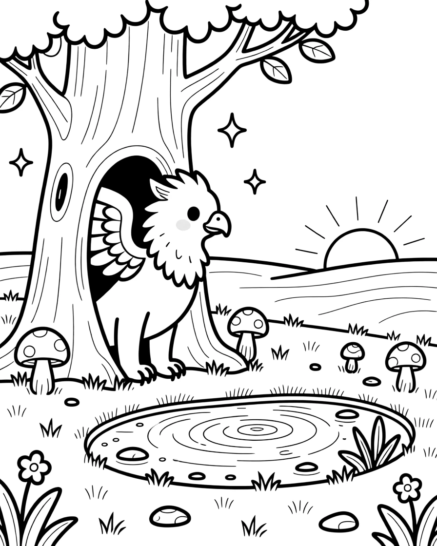 [Fantasy Creatures] a griffin with eagle wings peeking out from a hollow tree beside a sparkling magical pond. In the background, mushrooms of every size dot the ground, adding extra fun to explore. Soft magical sparkles surround the scene. It all happens at sunrise, with heat waves shimmering in the distance.