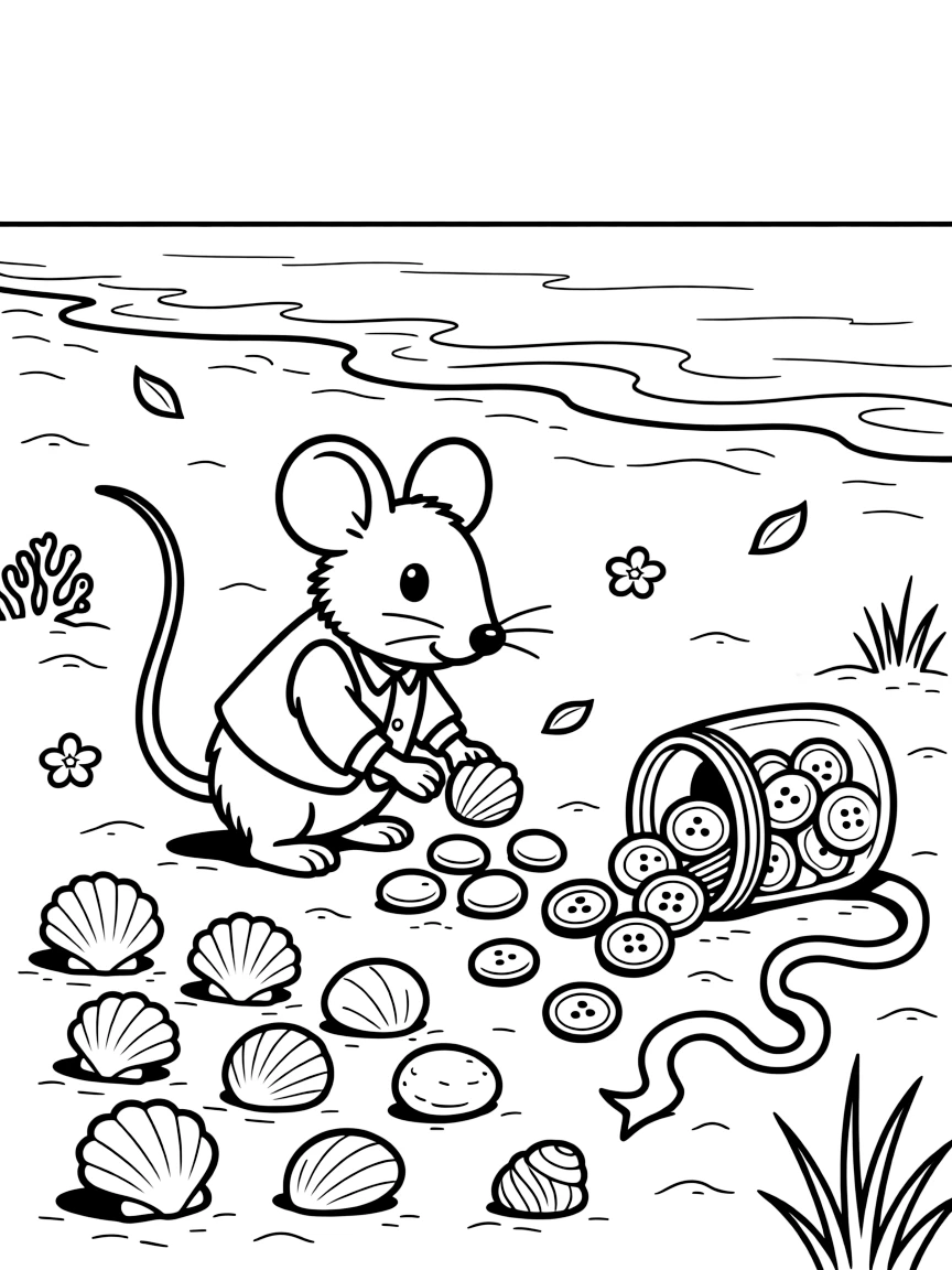 A field mouse in a tiny vest is sorting seashells and pebbles by size and color on a sandy beach at golden sunset. Just beyond, a jar of colorful buttons and ribbons and scattered flower petals drifting in the breeze give the moment a cozy feel.