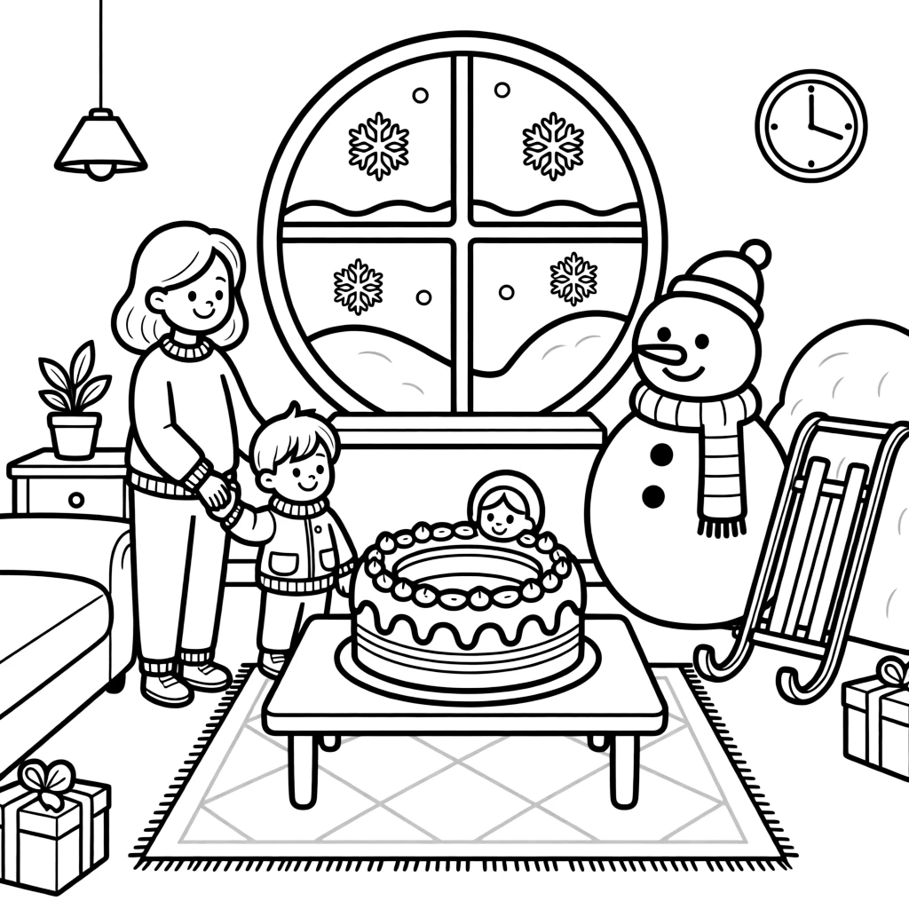 A ring-shaped cake with a tiny hidden figure in a warmly lit living room with frost on the windows, alongside a big sister and her little brother and a cheerful snowman with a striped scarf, with a sled leaning against a snowbank close by.