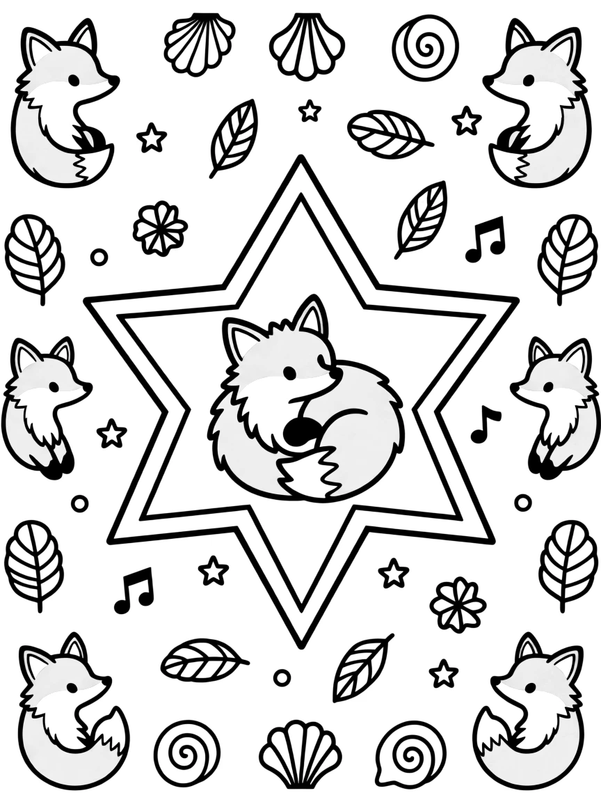 Woodland Animals: The page centers on a repeating motif of a bushy-tailed red fox curled into a gentle loop, built around an eight-point star mandala framing the design. The motif is repeated in a corner-to-corner border that circles the entire page, leaving a round open area in the middle. Decorative details fill the surrounding space, including tightly coiled spiral shells, fan-shaped feather clusters, and tiny pinwheel stars woven throughout the background. A playful extra touch completes the page: a few tiny musical notes drifting near one corner of the page.