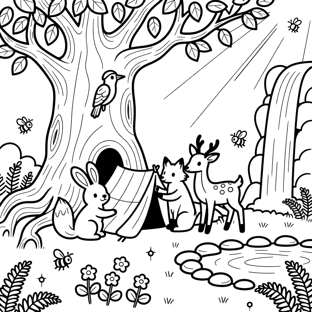 [Enchanted Forest] A group of woodland friends build a small blanket fort beneath the sprawling roots of an ancient oak. A woodpecker taps at a tree trunk overhead as bumblebees buzz around a patch of clover. A tall waterfall trickles into a small pond edged with smooth stones and clusters of wild ferns. Soft afternoon light glows through the branches as fireflies begin to twinkle near the undergrowth.
