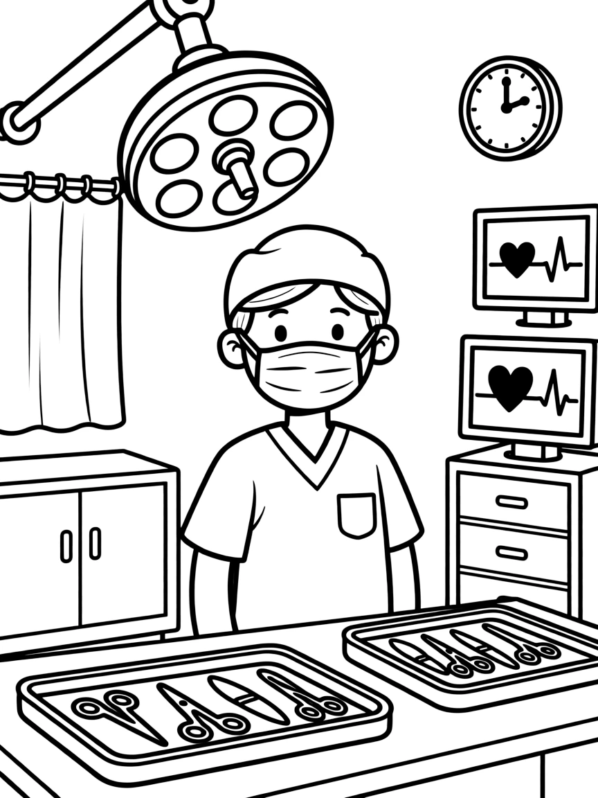 A surgeon in scrubs and a mask operates under bright lights in an operating room, surrounded by trays of instruments and monitors.
