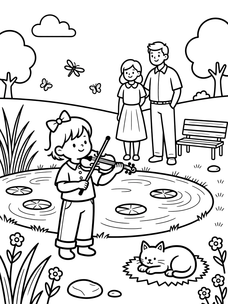 A shy toddler playing the violin with a foster family by a small pond while a kitten naps in a sunny spot.