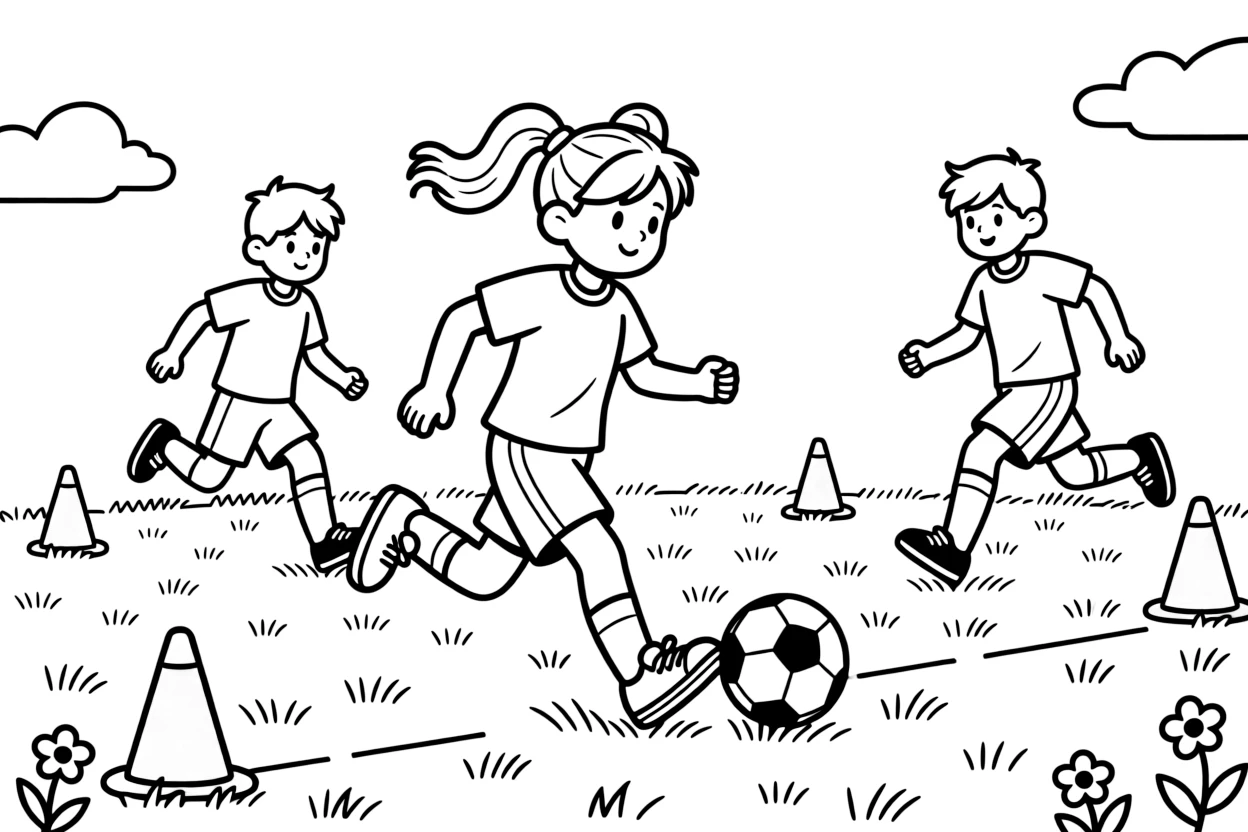 A determined girl with pigtails, dribbling the ball past two sliding defenders on a sunny grass field lined with orange cones.