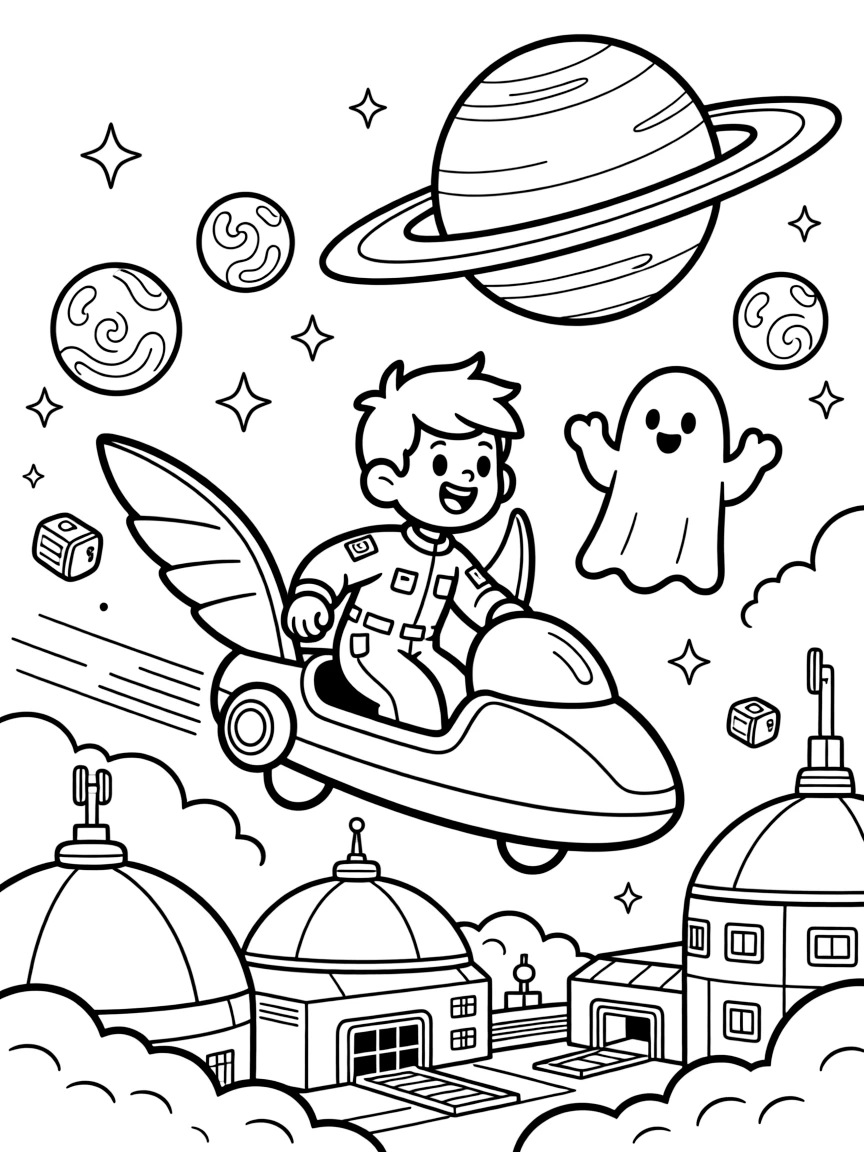 Pilot Quasar zooming along on a glide-copter showing off a new invention at the young inventors' fair near a sprawling space station orbiting a ringed planet, surrounded by a friendly ghost-like hologram guide floating alongside and a cluster of soap-bubble-like energy shields.