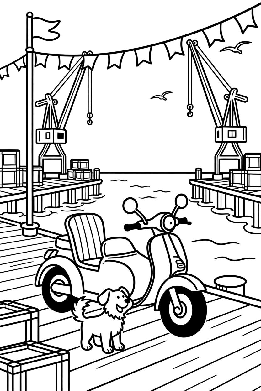 A motorcycle with a cozy sidecar for a passenger takes center stage in a busy harbor lined with docks, cranes, and stacked crates, where a friendly dog with its ears flapping in the wind can be seen nearby, surrounded by colorful flags fluttering from every corner.