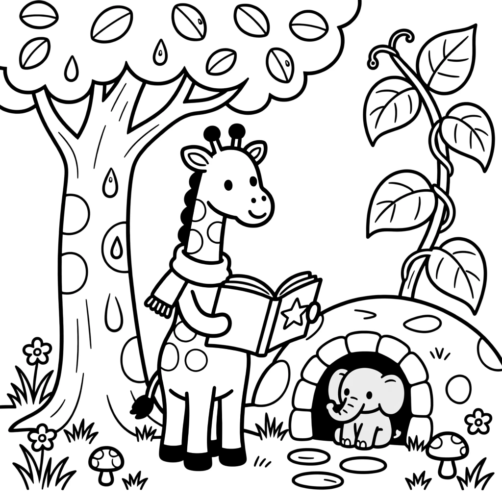 A giraffe reading a storybook under a tree with a baby elephant in a cozy burrow, near a giant beanstalk, as dewdrops sparkle on the leaves.