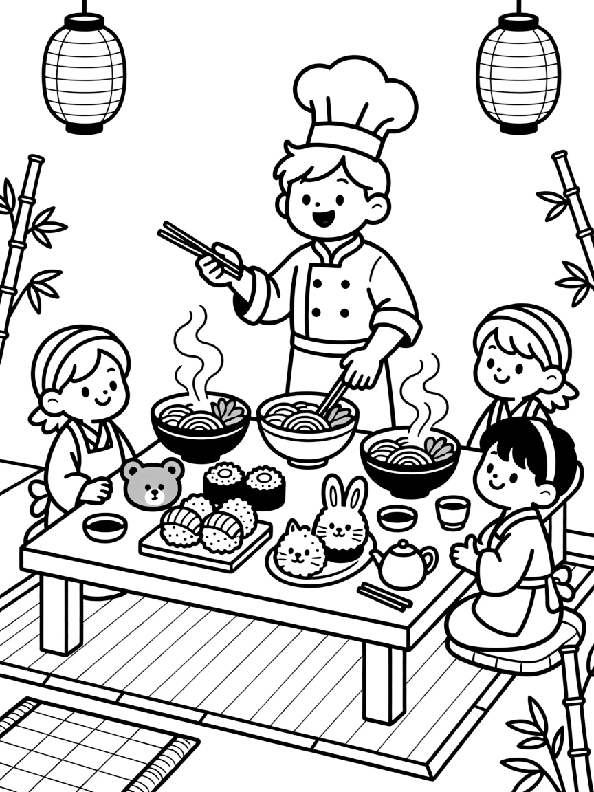 A coloring page of a happy cook in Japan presenting a low wooden table set with sushi rolls, rice balls shaped like animals, and steaming bowls of ramen, with steam rising and cheerful helpers gathered around the table.