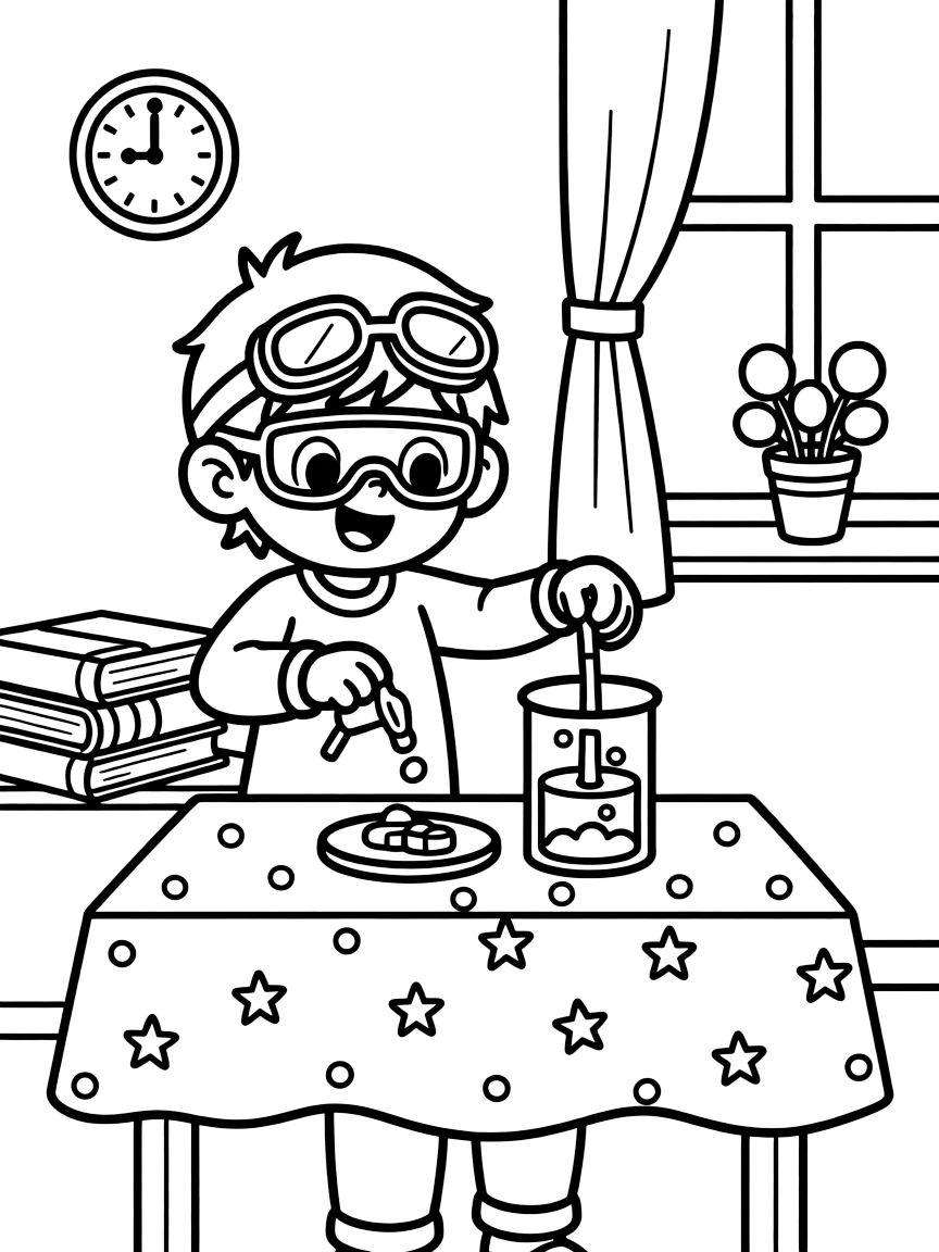 a bold small child in safety goggles makes a homemade lava lamp with oil, water, and fizzing tablets.