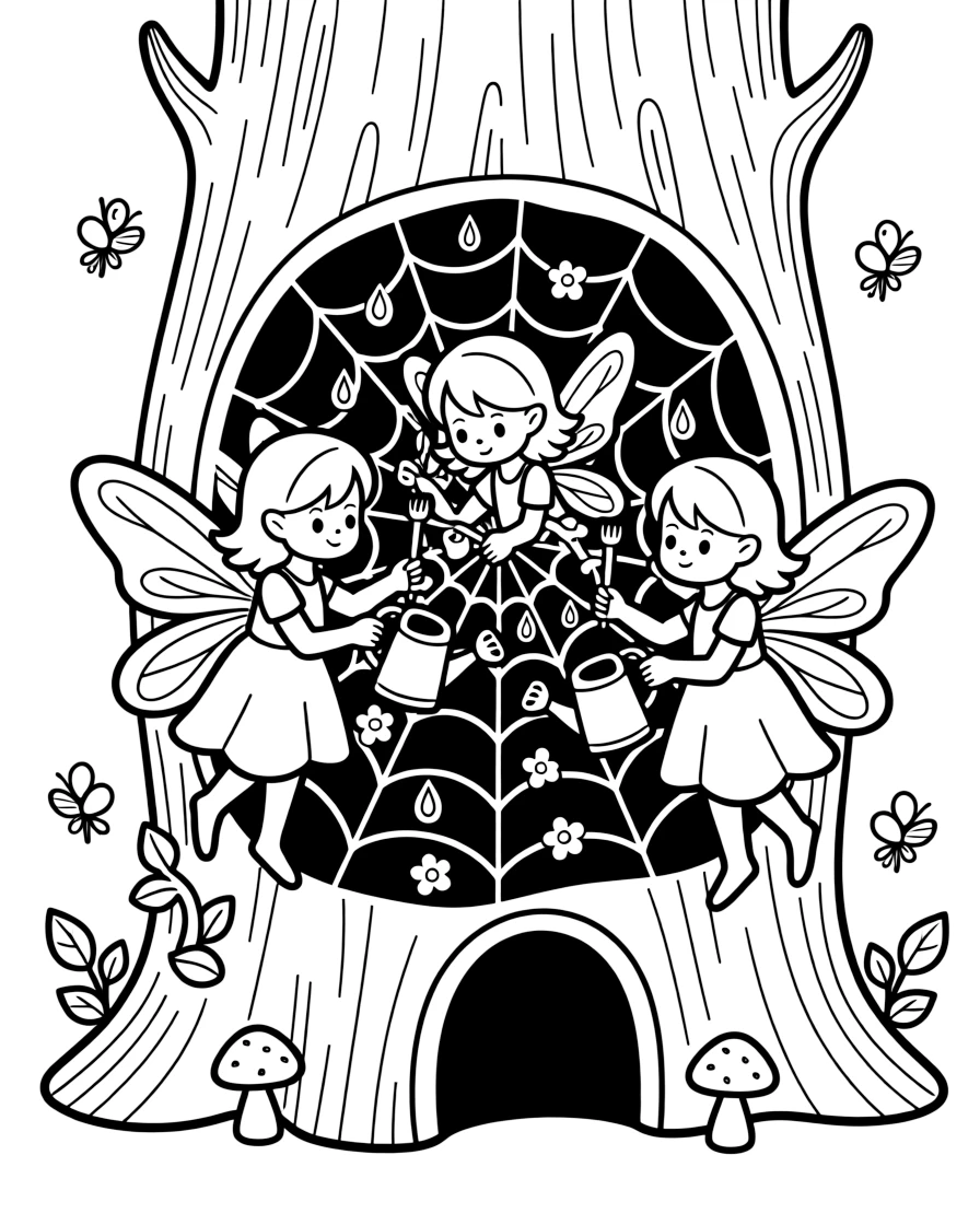 A trio of fairies decorate a spiderweb with dewdrops and flower petals, using tiny watering cans and paintbrushes, inside a hollow log lit by fireflies.