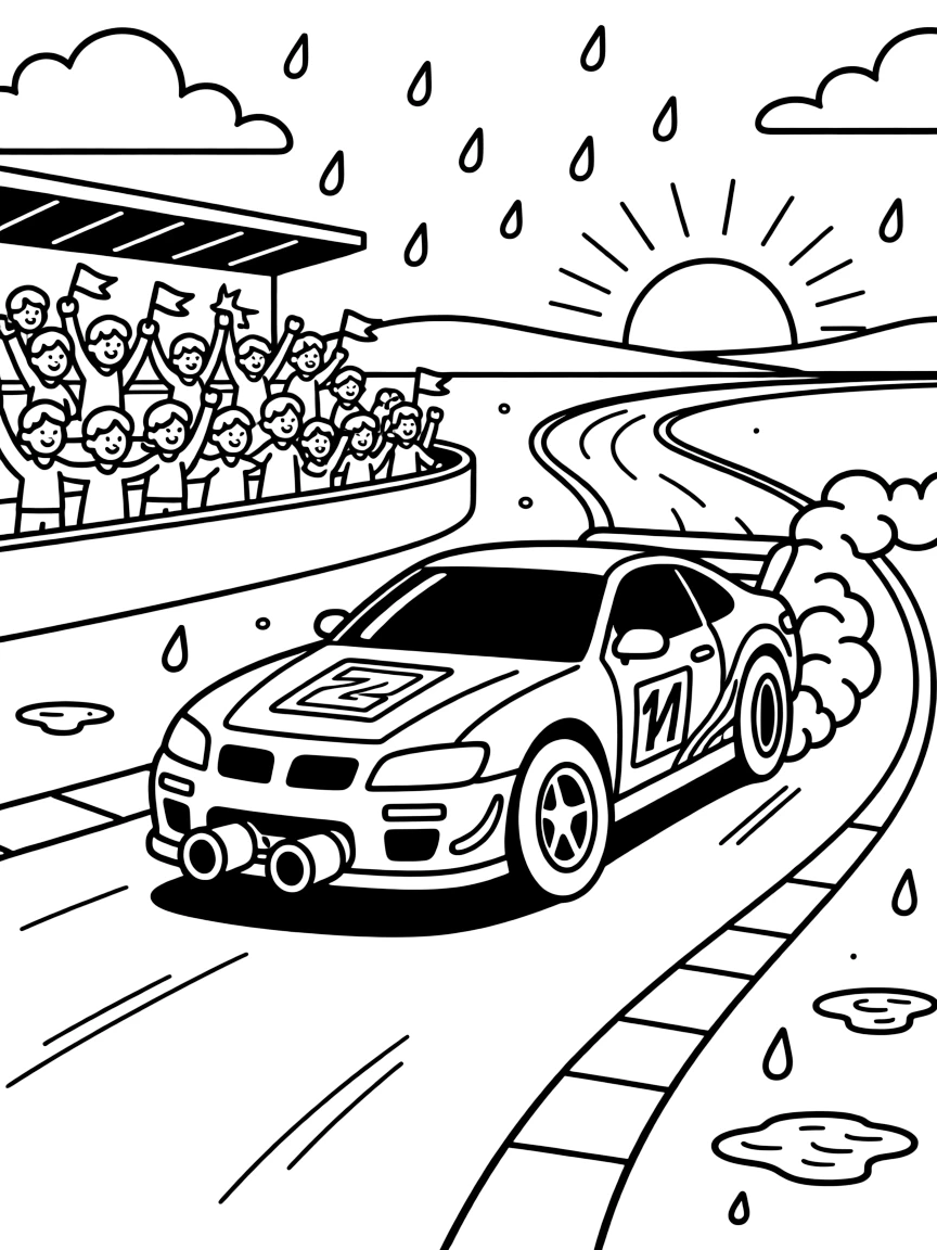 [Race Cars] A dynamic scene shows a number-painted stock car drifting sideways in a cloud of tire smoke on a winding racetrack, wide-eyed with wonder. Close by, grandstands packed with excited fans line the track. Exhaust pipes puff small clouds of smoke. The moment unfolds at sunset, with a light drizzle just ending, filled with energetic detail perfect for a young colorist.