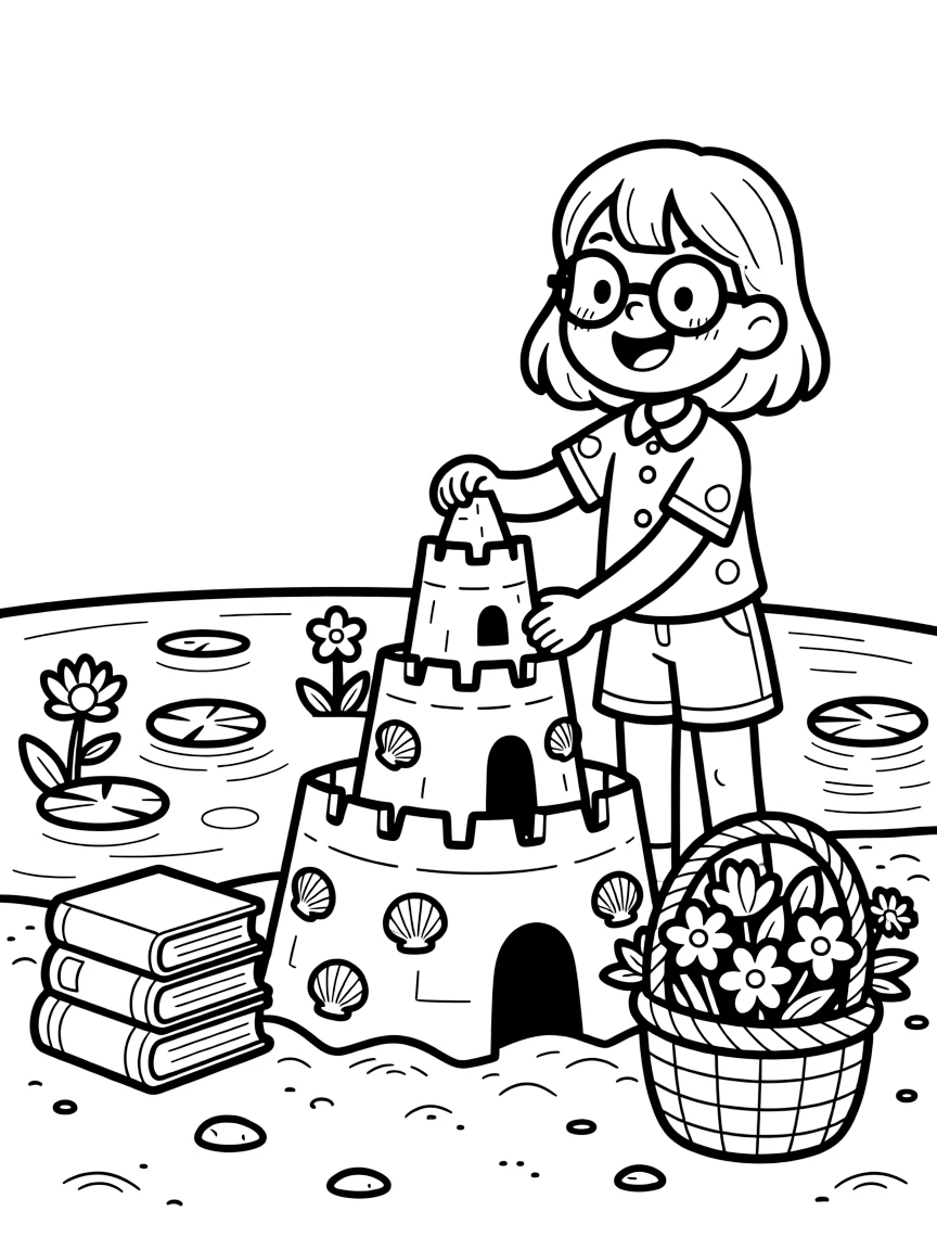 A girl with round glasses and a wide grin is building a tall sandcastle decorated with seashells beside a sparkling pond dotted with lily pads. Just beyond, a stack of well-loved picture books nearby and a basket brimming with fresh flowers add a sprinkle of wonder to the moment.