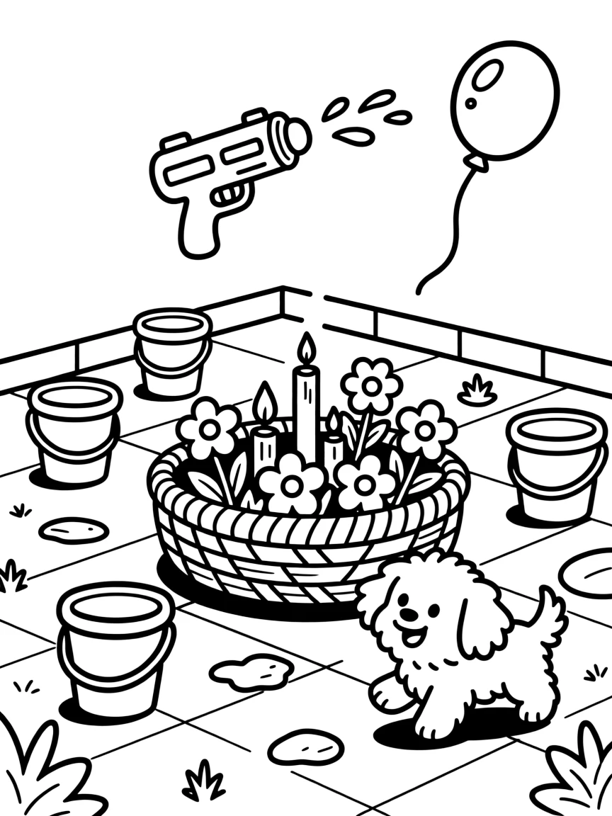 Flowers and candles arranged on a woven raft in a courtyard where buckets and water guns are ready for play, with a fluffy puppy playing close by amid a bright plastic water gun and a water balloon mid-air.