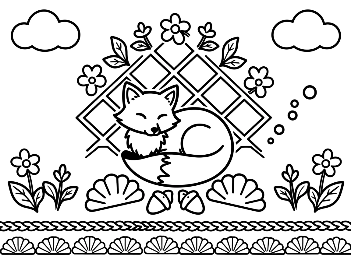 Woodland Animals: The page presents a small themed scene built around a bushy-tailed red fox curled into a gentle loop, tied together by a diamond lattice mandala crossing over itself in a grid. The scene is positioned in the middle of a balanced layout, with smaller matching details arranged above and below. Decorative details fill the surrounding space, including rounded puffy cloud shapes, rows of scalloped fan shapes, and bands of braided rope shapes woven throughout the background. A playful extra touch completes the page: a cluster of small bubbles rising near one side of the page.
