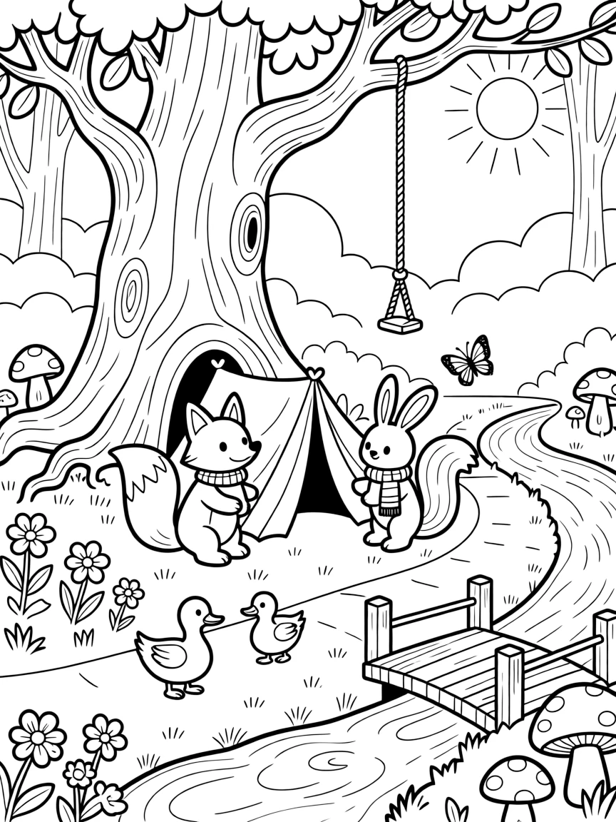 [Enchanted Forest] A group of woodland friends build a small blanket fort beneath the sprawling roots of an ancient oak. Butterflies flutter between wildflowers while a family of ducks waddles across the path toward a stream. The path winds past a giant oak tree with a rope swing, colorful toadstools, and a bubbling brook crossed by a small wooden bridge. Delicate morning mist curls around the tree bases as the first rays of sunshine break through the canopy.