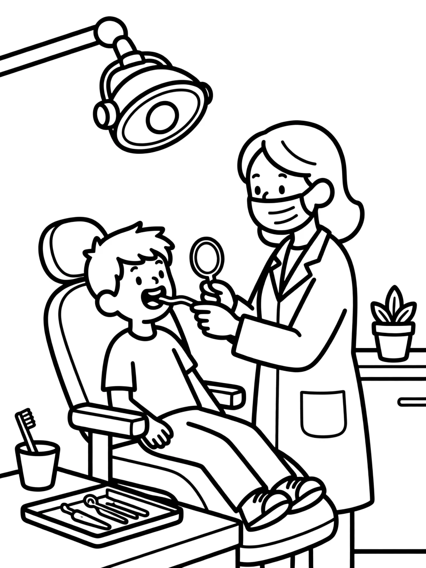 A dentist examines a patient's teeth with a small mirror while a bright dental lamp shines overhead.