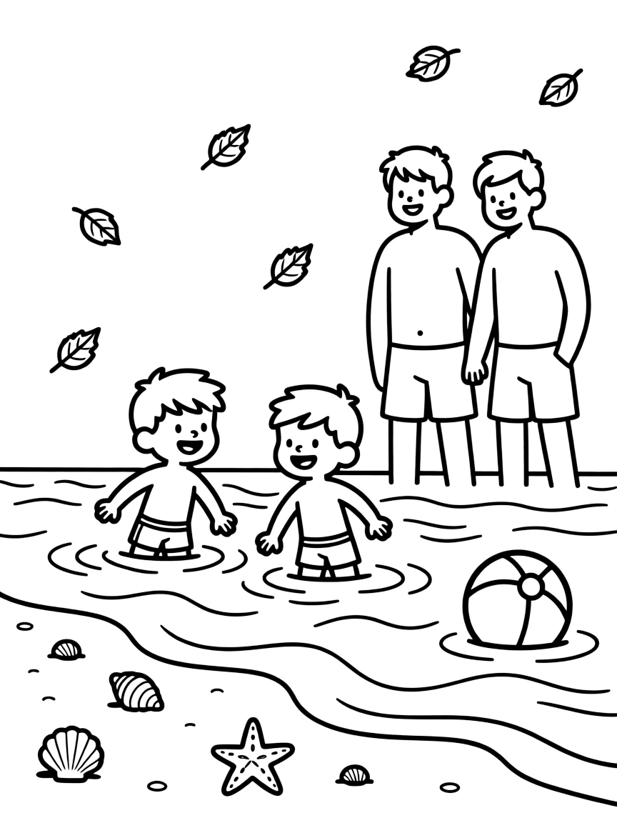 Twin brothers swimming with two dads at the beach as fallen leaves swirl in the breeze.