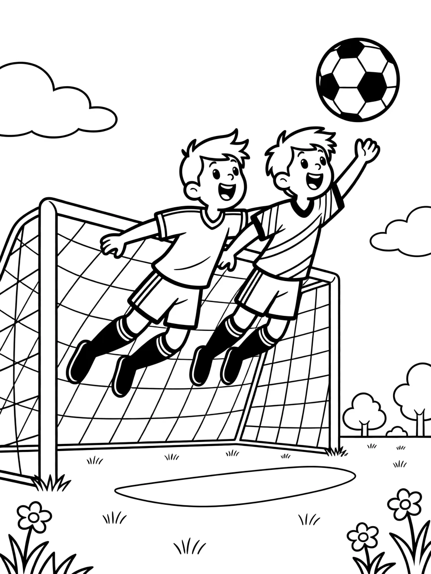 A pair of best friends, diving through the air to make a spectacular header shot toward the top corner of the goal.