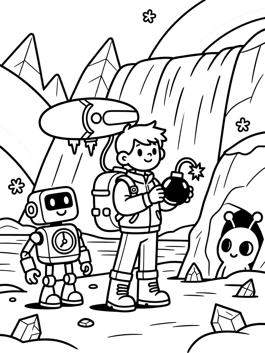 In a frozen waterfall planet with rainbow-colored ice, inventor kid Nova testing a jetpack backpack defusing a giggling prank bomb rigged by a mischievous robot, while a curious alien creature peeking out from behind a rock adds to the excitement.