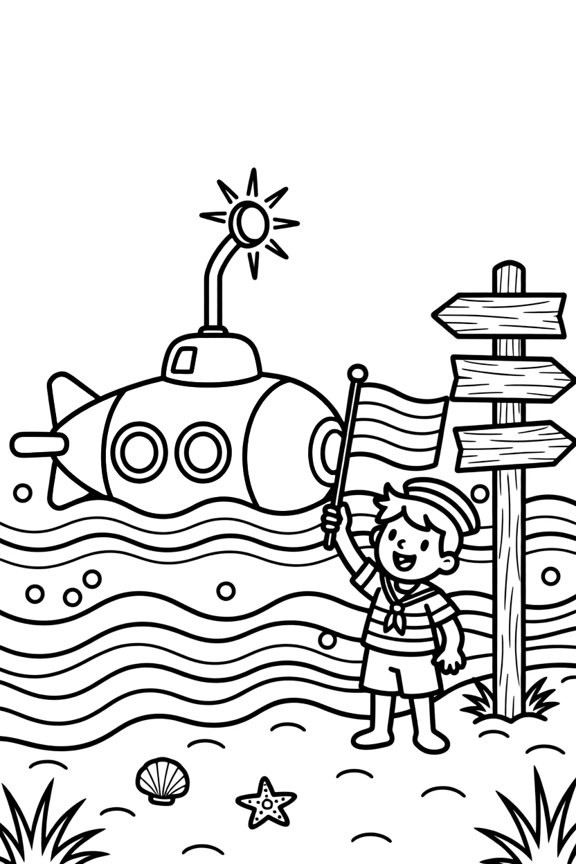 In this scene, a yellow submarine with a periscope poking above the waves is the star of a sunny sandy beach where waves roll onto the shore, joined by a happy sailor waving a striped flag, with a signal light blinking cheerfully and an old wooden signpost pointing to faraway towns scattered throughout for kids to color.