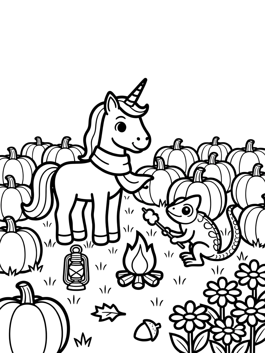 A unicorn foal in a pumpkin patch in October, roasting marshmallows by a campfire with a chameleon, next to a bed of daisies.