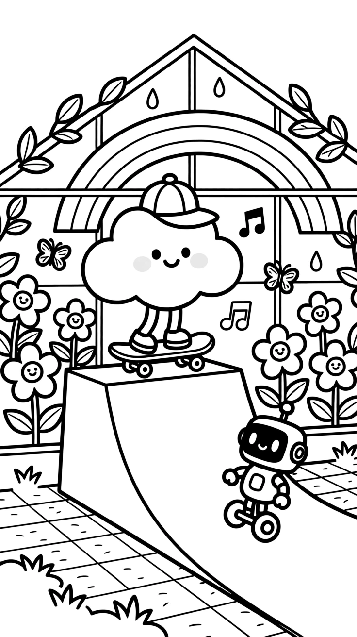 A chirpy cloud with a sleepy smile takes a break from adventures to try learning to skateboard down a rainbow ramp in a greenhouse filled with singing flowers, with a tiny robot rolling along on training wheels close behind. It's shaping up to be the happiest day in the whole kingdom.