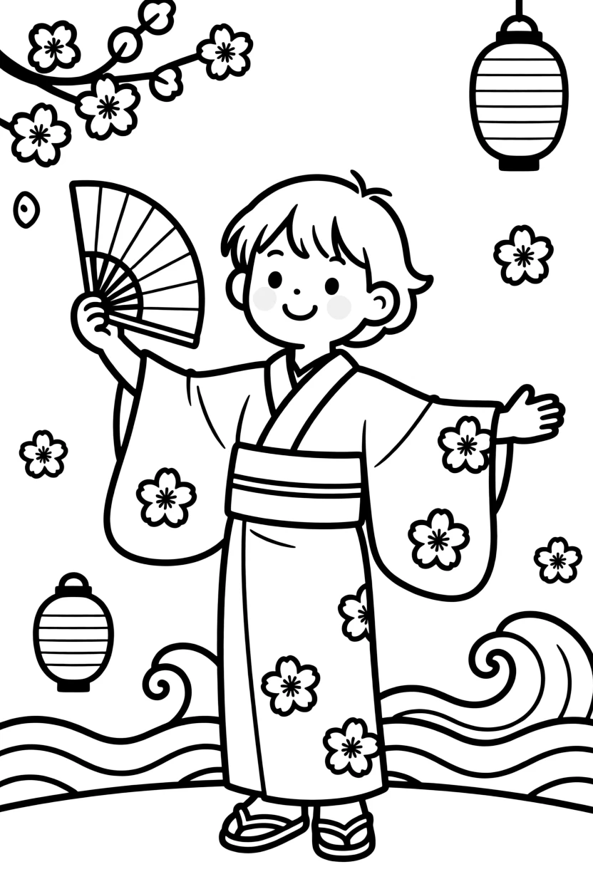 A coloring page portrait celebrating Japan, showing a child wearing a bright kimono tied with a wide obi sash, holding a paper fan, standing proudly with arms outstretched and a warm smile, surrounded by simple decorative patterns.