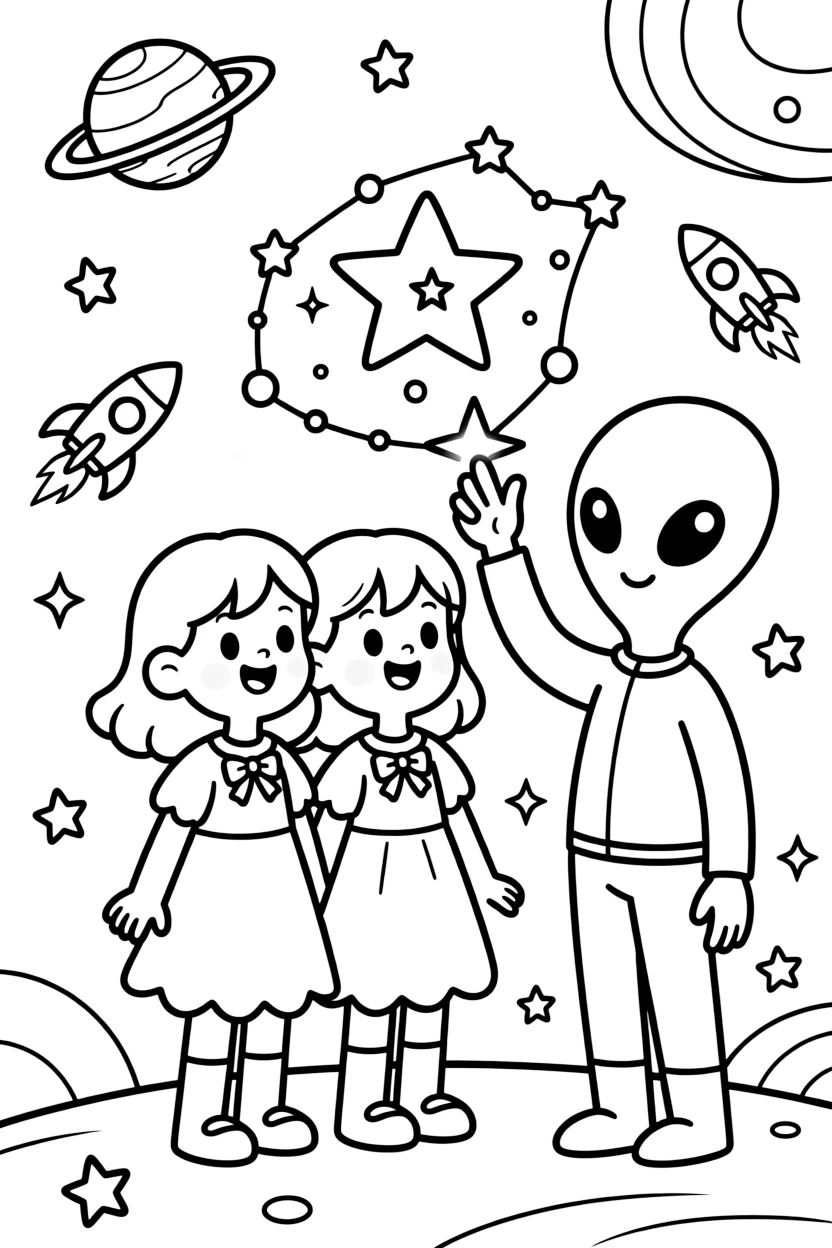 wide-eyed twin sisters meet a friendly alien who shows off a glowing star map of the galaxy.