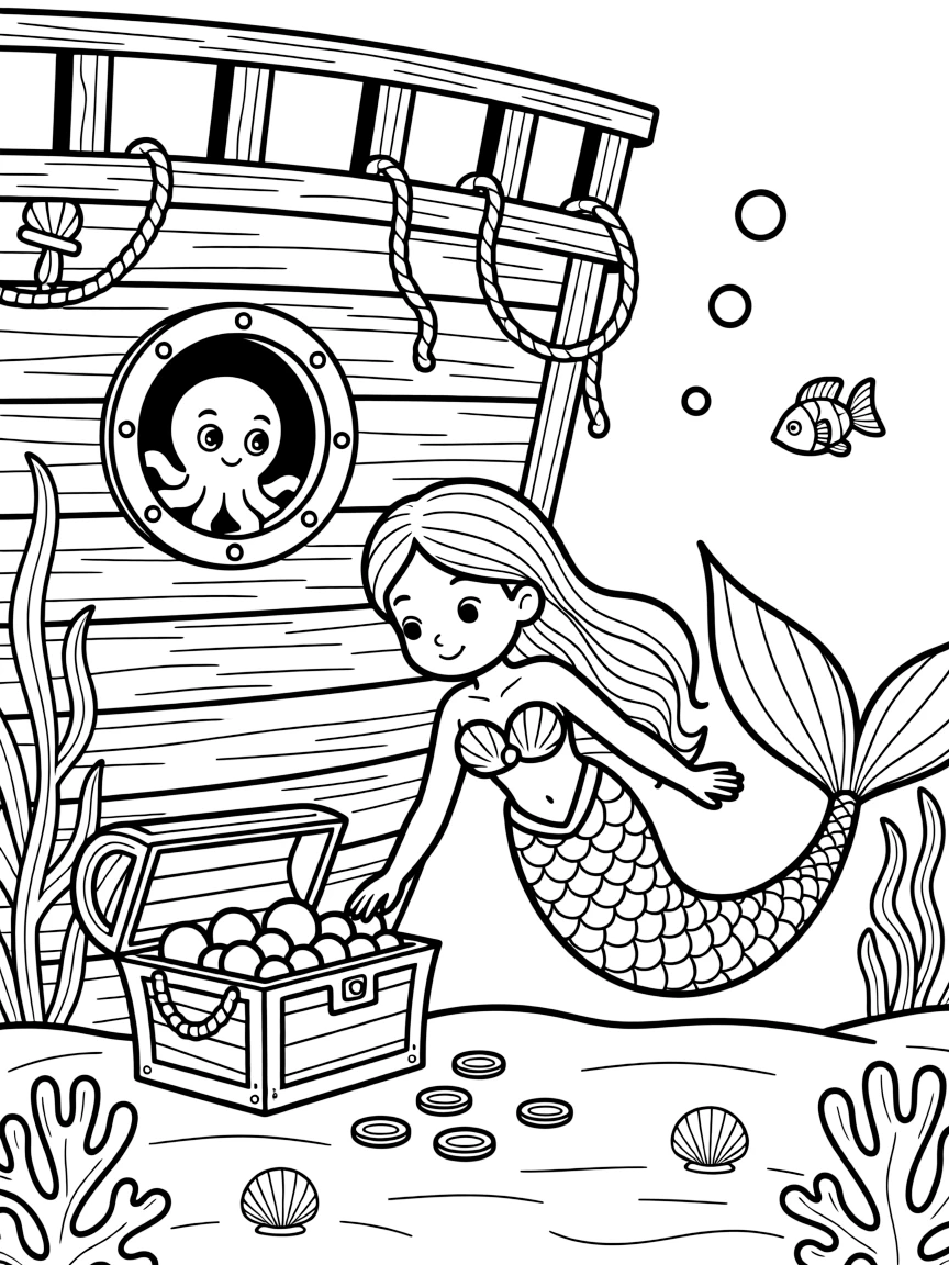 A young mermaid explores a sunken pirate ship, running her fingers along a treasure chest overflowing with pearls, coins, and a curious octopus peeking from a porthole.