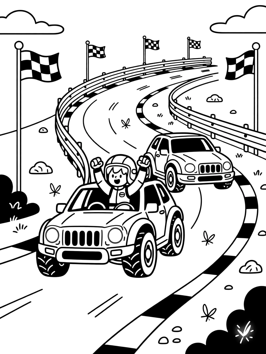 [Race Cars] a rugged rally car racing neck-and-neck with a rival car on a winding racetrack, cheering with both fists raised. Nearby, checkered flags flutter in the breeze. Spectator flags line the guardrails. The scene is captured during a bright summer day, with fireflies beginning to glow, giving the page a lively and adventurous feel that invites plenty of colorful detail.
