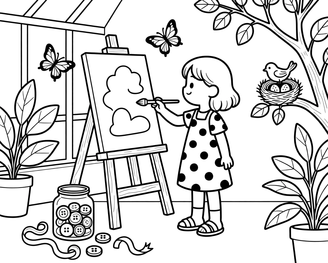 A girl in a polka-dot sundress is painting a picture on a wooden easel in a butterfly conservatory full of fluttering wings. Nearby, a jar of colorful buttons and ribbons and a tiny bird's nest tucked in a nearby branch bring the scene to life.