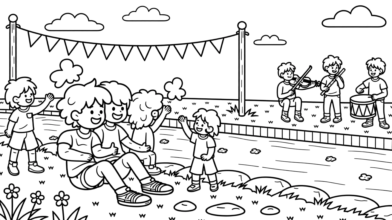 A group of three friends sitting beside children tossing handfuls of colored powder beside a canal decorated with floating flower petals, with colorful flags fluttering along the bank and musicians playing near the water's edge scattered about.